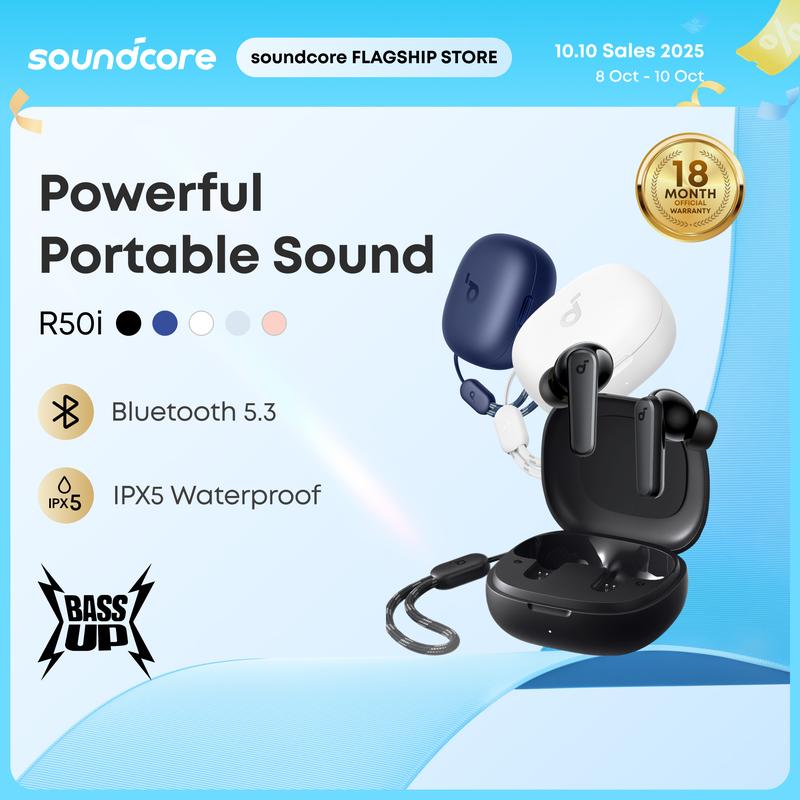 | BÁN CHẠY | Tai nghe Bluetooth Soundcore - Anker R50i, Trình điều khiển loa 10mm với âm trầm lớn, Bluetooth 5.3, Thời gian sử dụng kéo dài 30 giờ, Chống nước, 2 Mic cho Cuộc gọi AI, 22 EQ cài đặt sẵn, Tùy chỉnh qua app