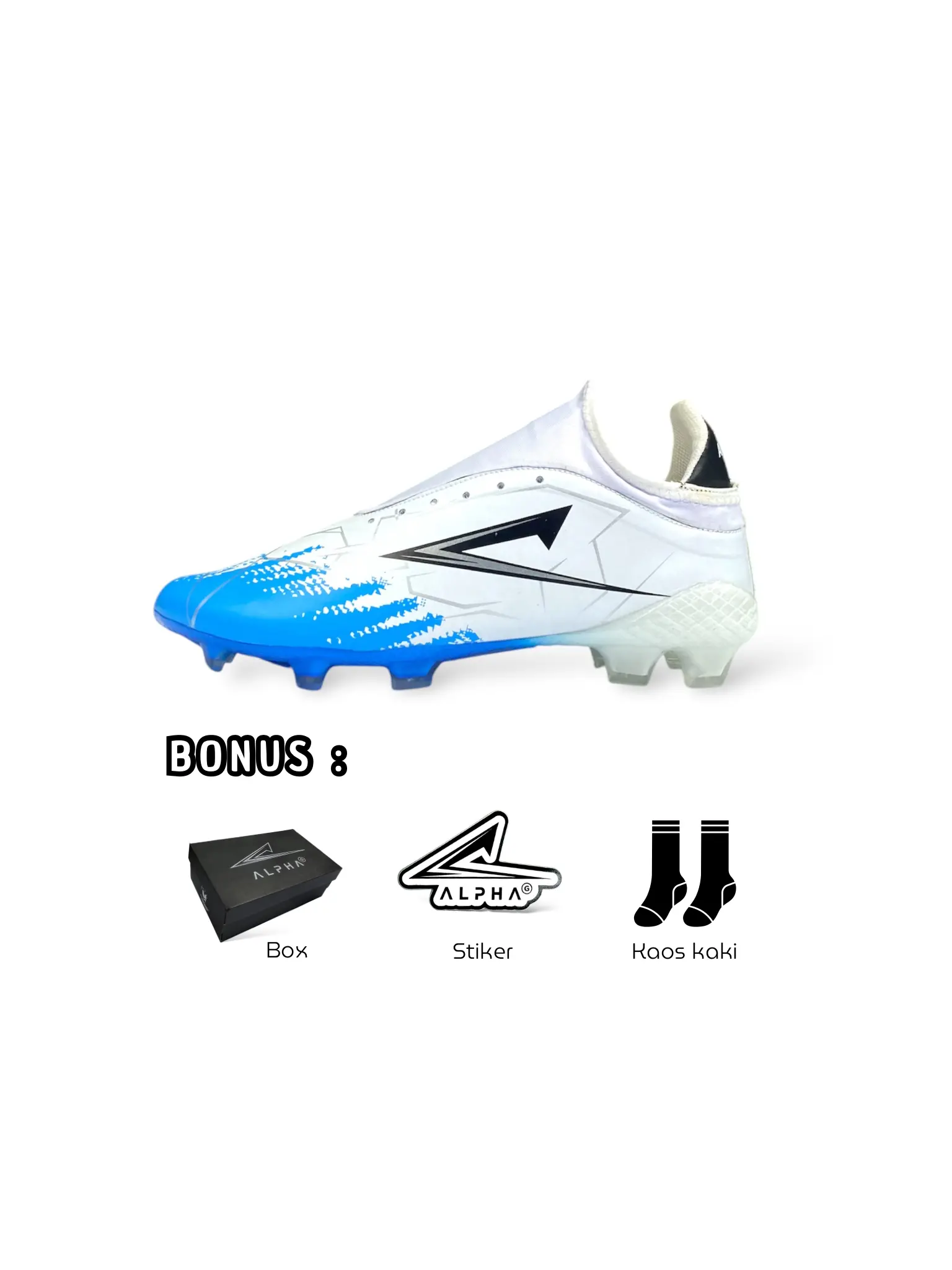 Sepatu Sepak Bola ALPHA G Dewasa Putih Biru BONUS KAOS KAKI