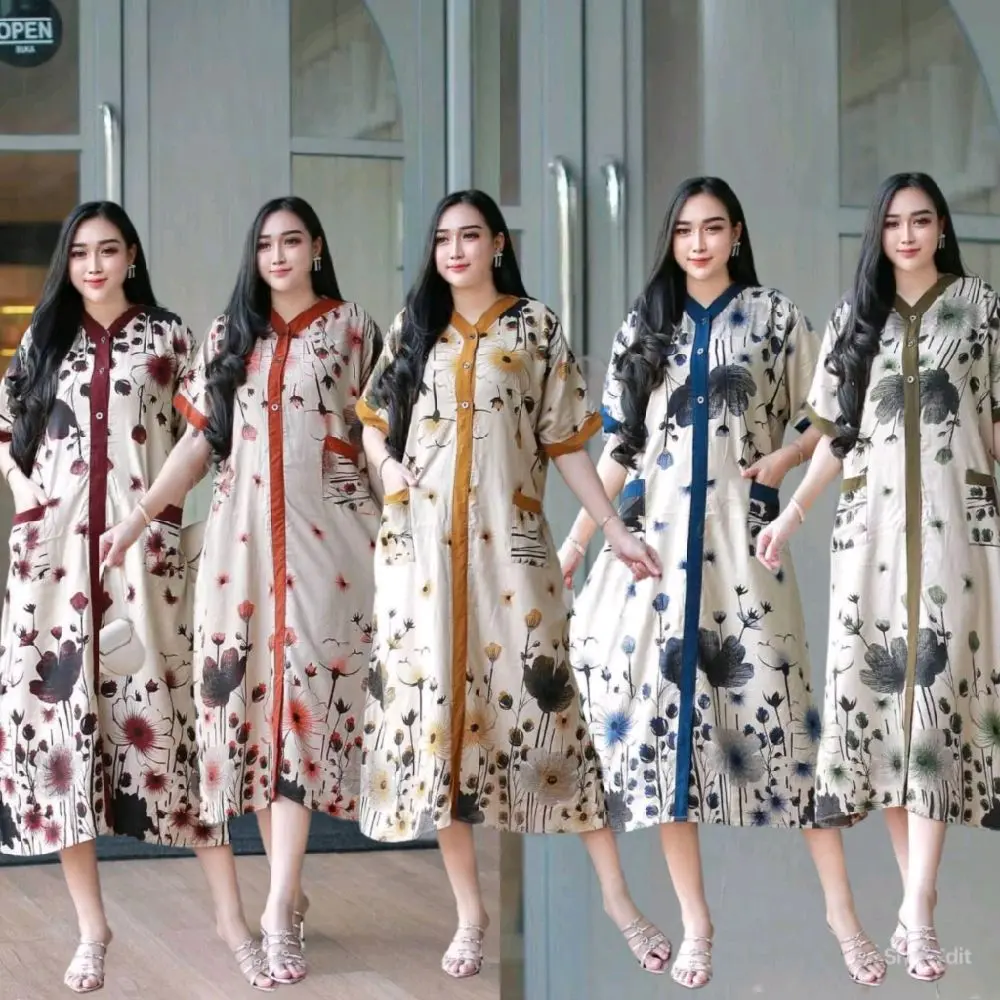 DASTER PIYAMA PERI JUMBO KANCING BUSUI KANTONG DEPAN MOTIF TERBARU Rayon Menyusui