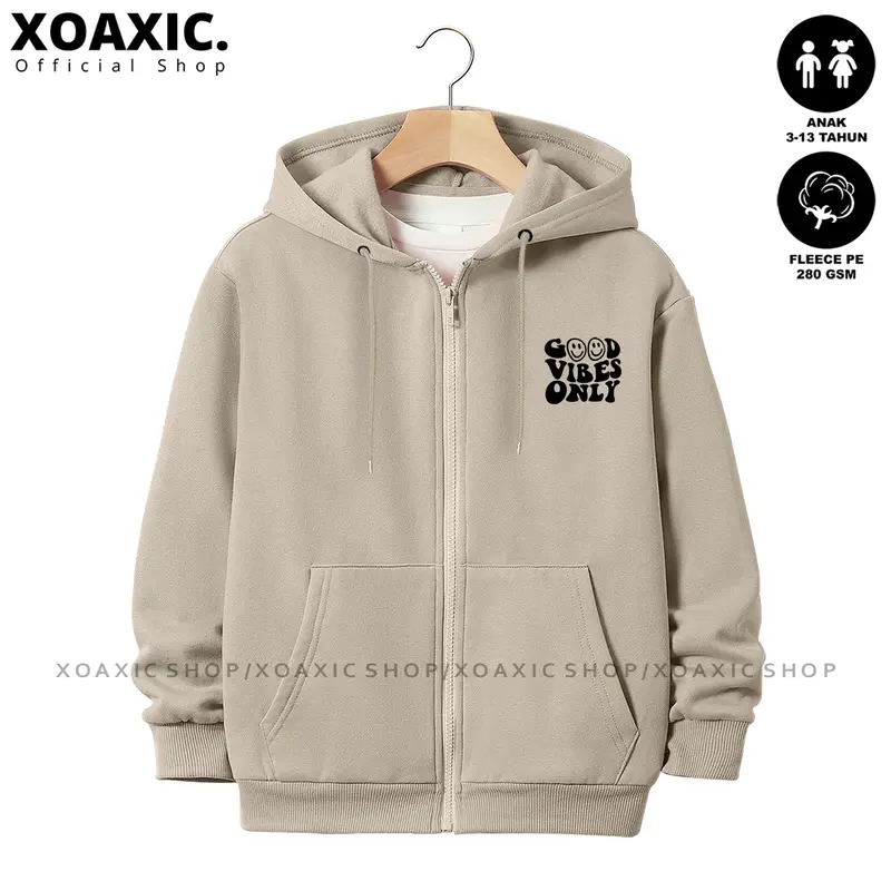Jaket Hoodie Zipper Anak Laki-laki/Perempuan Usia 3-13 Tahun Motif Sablon GOOD VIBES ONLY Bahan Fleece Tebal Premium Fashion Bulu 0
