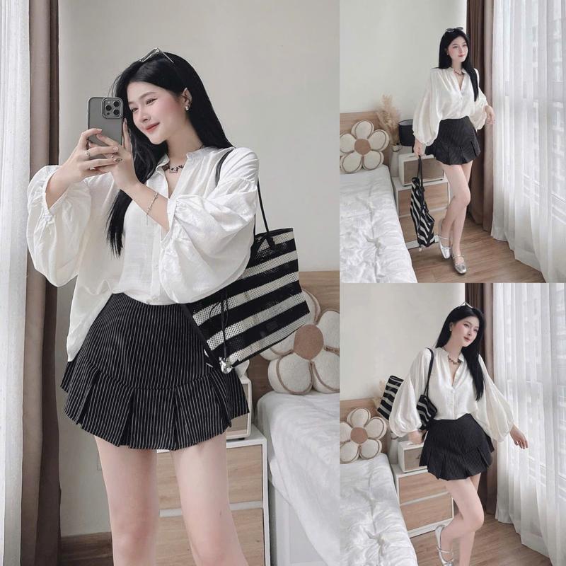  Sét đồ nữ ao sơ mi from rộng tay bồng cổ tàu cài nút kết hợp chân váy lưng chun có lót xòe xếp ly kiểu dáng tiểu thư sang chảnh thanh lịch cho nàng diện đi làm hoặc đi chơi 