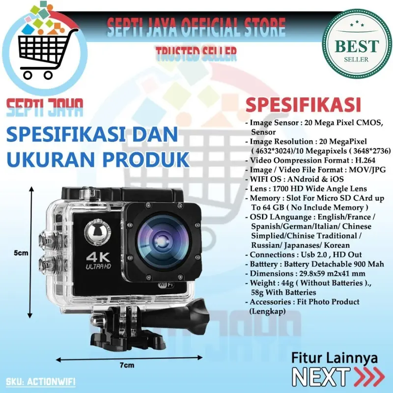 Kamera Aksi Action Sport Cam Camera Wifi Resulusi Ultra Full HD 1080P 4K Waterproof Anti Air Kamera Olah Raga Sportcam APP Control Monitoring 1