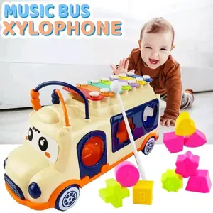Mainan bus puzle xylophone bunyi mainan anak bayi 3 in 1 kulintang bentuk bus Puzzle Cewek Cowok Toys