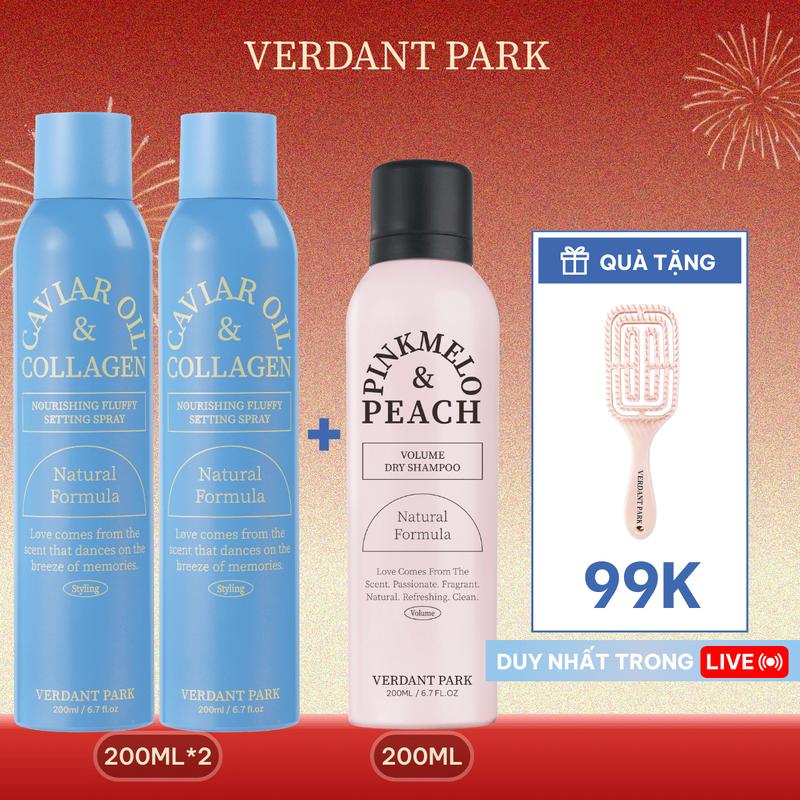  |LIVESTREAM| Combo 2 chai xịt dưỡng giữ phồng tóc và xịt khô phồng tóc VERDANT PARK gel tạo kiểu giữ nếp tóc không gây cứng tóc Caviar Oil & Collagen Nourishing Fluffy Setting Spray dầu gội khô kiềm dầu lâu bết Pinkmelo Peach COMBO84 COMBO87 