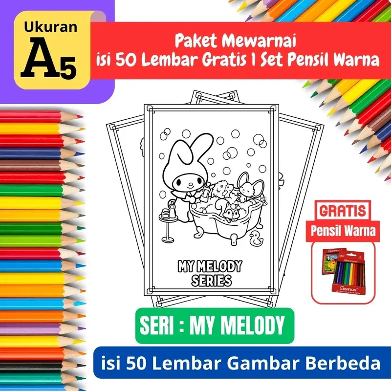 [ EDISI My Melody ] Promo Termurah Paket Mewarnai Gambar isi 50 lembar Gratis 1 Set Pensil Warna - A5 Tebal - Edisi My Melody 4