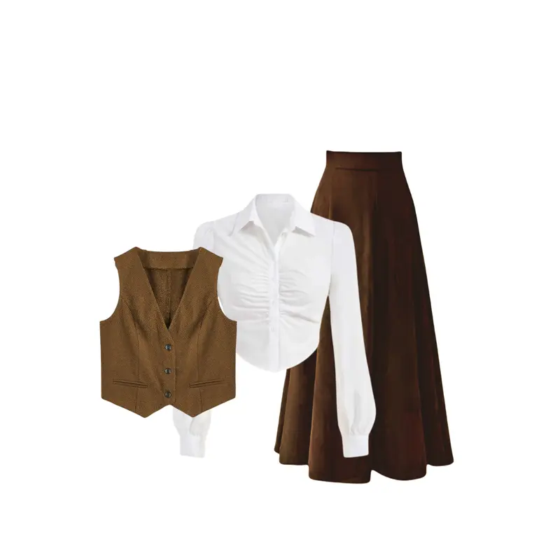 One Set Outfit Vintage (Kemeja Polos, Vest, Rok) Setelan OOTD Yearbook Murah Terbaru - GGO24 1