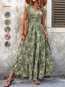 Vestido fruncido con estampado completo para mujer, moda boho con manga corta y escote en V para uso diario y vacaciones, vestido de mujer para el verano