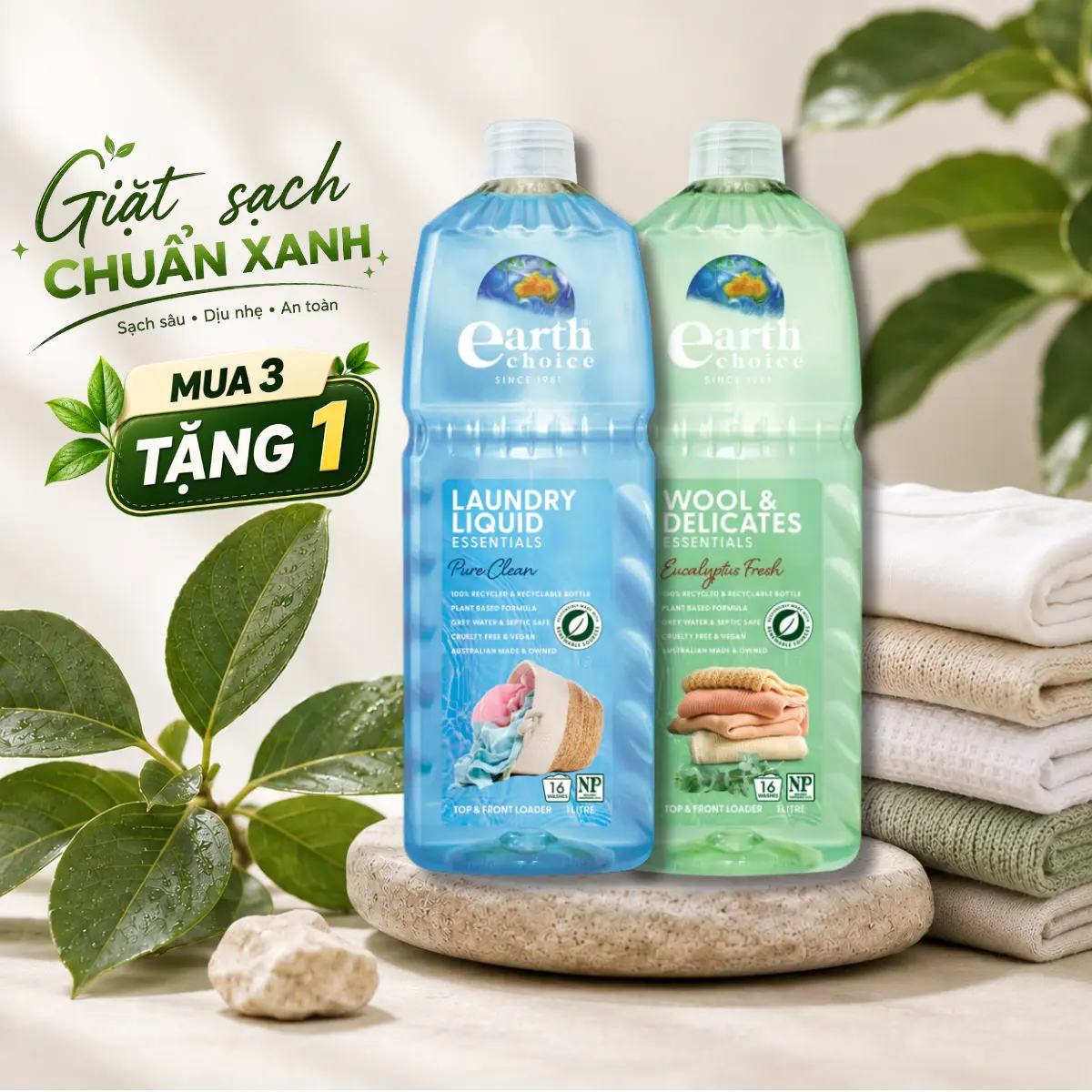 Nước giặt thuần chay dịu nhẹ giặt đồ lót làm sạch vết bẩn trên đồ lót quần áo và nước xả vải thuần chay giữ sợi vải mềm mại không làm bạc màu vải Earth Choice Úc, chai x 1000ml