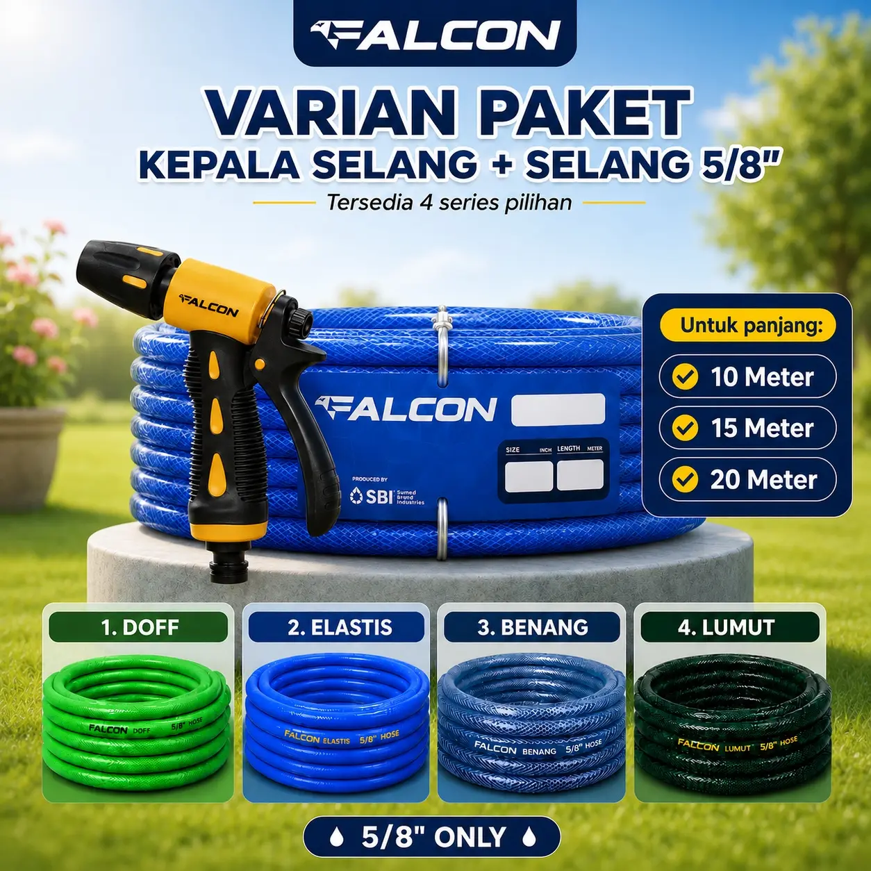 FALCON Paket Selang Semprotan Air 5/8 Inch untuk Selang Doff, Elastis, Lumut, dan Benang Panjang 10 meter, 15 meter dan 20 meter.