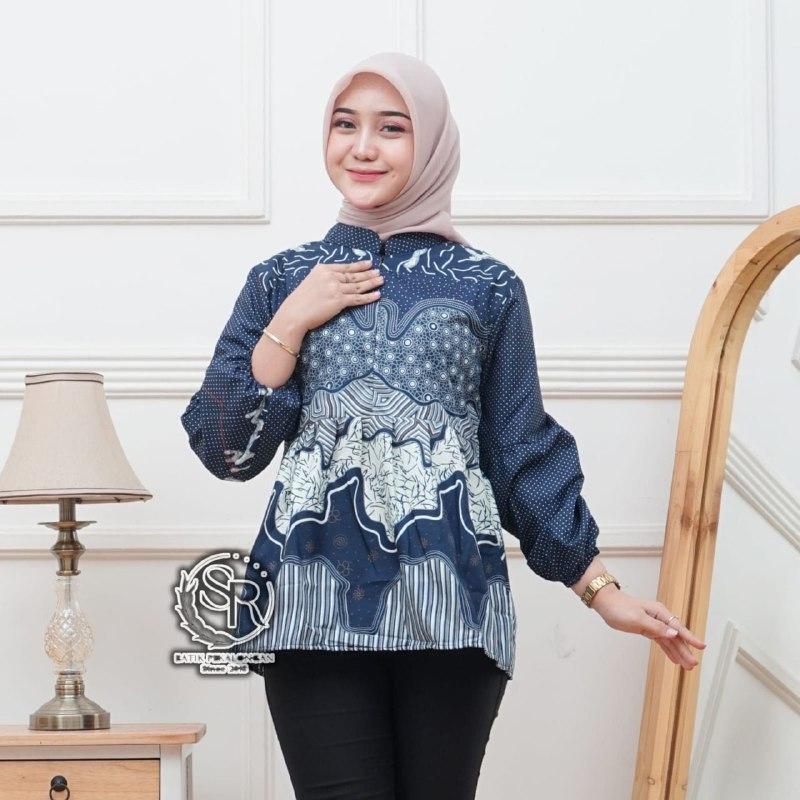 Blouse Atasan Batik Resleting Depan Lengan Panjang Pakai Karet M L XL XXL Katun Baju Wanita Motif Muslim 4