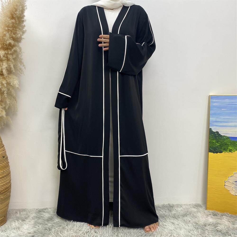 1679# 3 colour Dubai Long Sleeve Nida Muslim Abaya Dress White Line Style - CHAOMENG MUSLIM SHOP