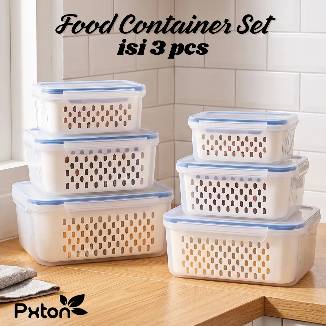 Wadah penyimpanan saringan 3in1 / Toples / kotak penyimpanan 3in1 / Wadah Pengering Sayur / Kontainer 3in1 /  Keranjang Buah Sayur 3IN1 / Kotak Tempat Penyimpanan Makanan Kulkas Serbaguna