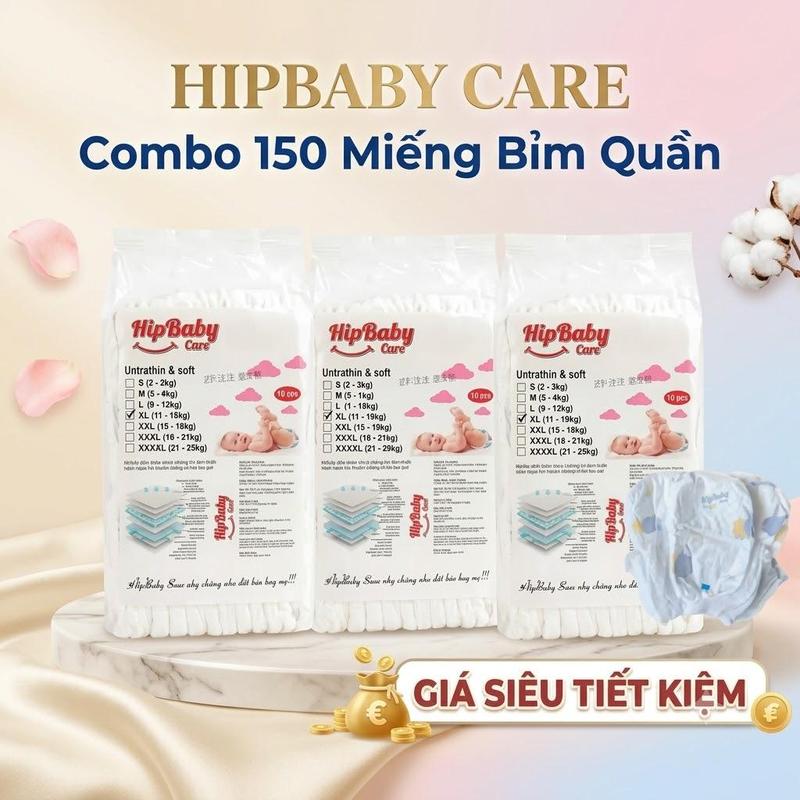 Bỉm Quần Hipbaby Care Combo 3 Bịch 150 Miếng – Mỏng Thoáng, Không Hăm Da – Đủ Size M/L/XL/2XL/3XL