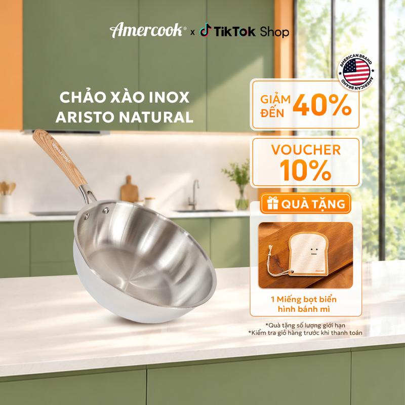 Chảo xào Inox Amercook Aristo Natural 26cm - Chống dính Tri-ply chuẩn Mỹ dùng bếp từ