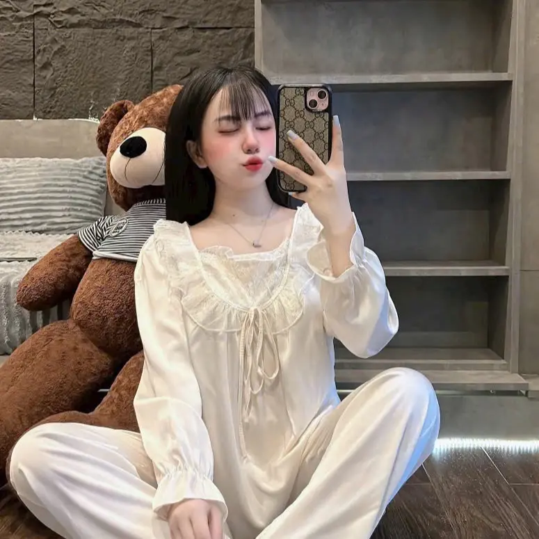 Bộ ngủ tiểu thư phối voan babydoll Tay dài - Quần dài cho nữ từ 40-60kg 4