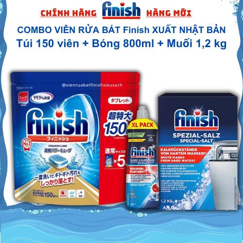  Combo Viên rửa bát Finish 150 viên xuất Nhật + Muối rửa bát Finish 1,2kg + Nước làm bóng bát chén finish 800ml làm sạch dùng cho máy rửa bát 