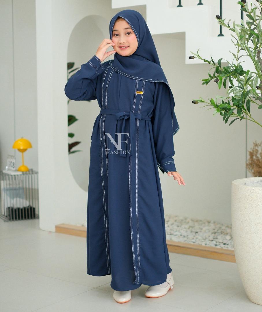Khirana Gamis Abaya Anak Remaja Tanggung Usia 5-16 Tahun Bahan Sabrina Anti UV Kombinasi Benang Smock Baju Muslim Lebaran Size M L XL XXL