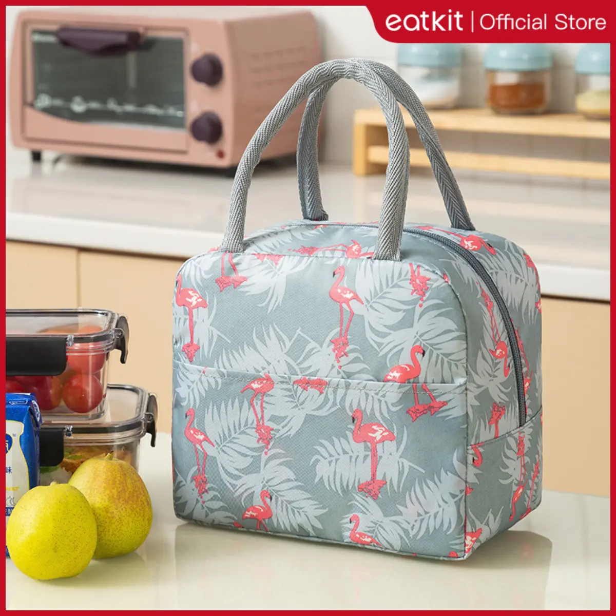 Eatkit Aesthetic Lunch Bag | Tas Bekal Tahan Panas Dingin 23cm + Cooler Bag | Trendy 2025 Lunch Bag Viral Portable | Eco-Friendly - Flamingo Design