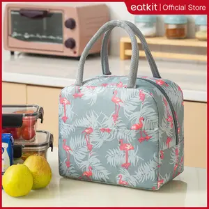 Eatkit Aesthetic Lunch Bag | Tas Bekal Tahan Panas Dingin 23cm + Cooler Bag | Trendy 2025 Lunch Bag Viral Portable | Eco-Friendly - Flamingo Design