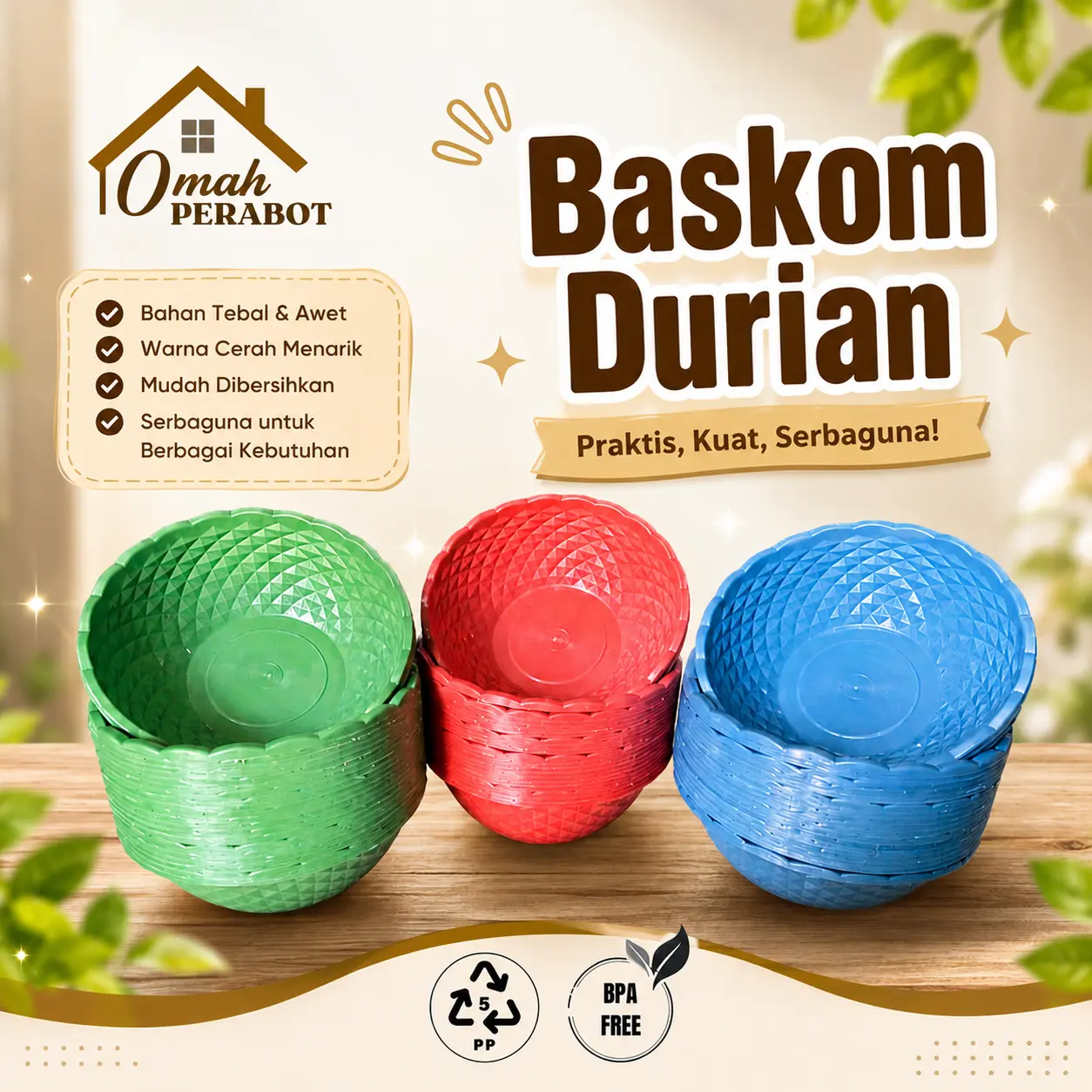 (PAKET 50 PCS & 100 PCS) BASKOM PLASTIK DURIAN BULAT - TEMPAT CUCI SERBAGUNA - WADAH MAKANAN - FOOD GRADE BPA FREE KUAT TEBAL