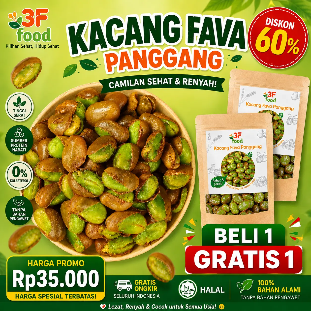 [HALAL] Kacang Fava Panggang Renyah - Kacang fava panggang - Camilan kacang fava renyah, cocok sebagai hidangan pembuka atau lauk; Kacang fava panggang dengan mustard hijau dengan desain anggrek.