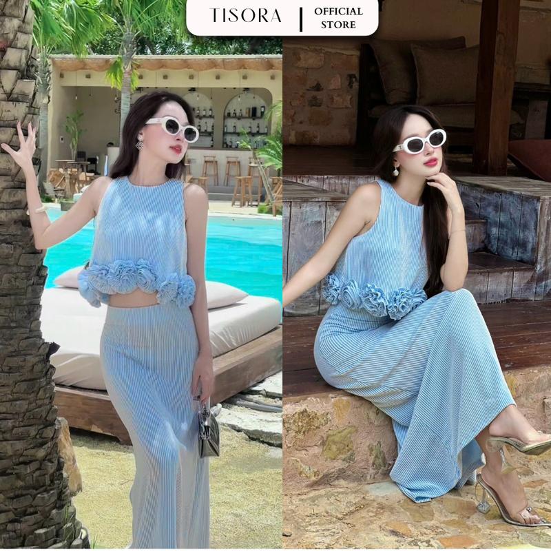 MỚI Sét Bộ Áo Crop Top Đính Hoa & Chân Váy Dài Kẻ Sọc 2 Màu: Xanh Be - Tisora