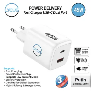 Lycus Power Delivery Fast Charger Adapter 45W Dual Port USB-A dan Tipe-C - Putih
