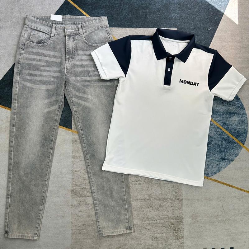 (VEDEO THẬT) COMBO THANH LỊCH TRẺ TRUNG , QUẦN JEANS NAM XÁM TRƠN CO GIÃN WASH LOANG MÀU THỜI TRANG PHỐI ÁO POLO TRẮNG IN CHỮ MONDAY MẪU MỚI SIÊU HOT