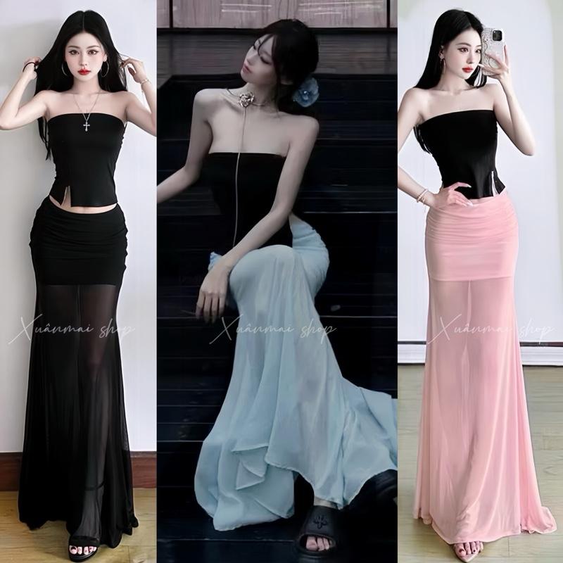 Chân Váy 110cm ÁO CUP XẺ TÀ TRÁI CHÂN VÁY LƯỚI sẵn mút váy đuôi cá dài lót ngắn lưng bản co giãn Xuân Mai Shop