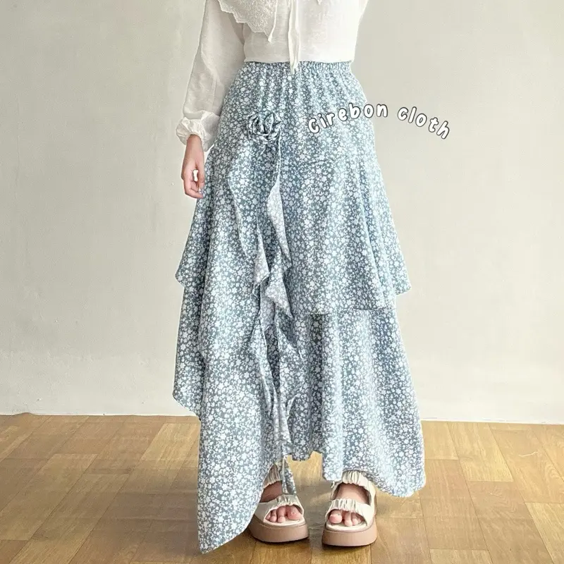 KIYANA Cirebon Cloth - Bellerose Skirt / Aesthetic Skirt / Rok Bunga / Rok Asimetris Ruffle Wanita Panjang Serut 2