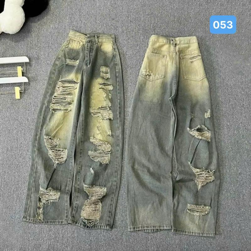  Quần jean baggy nữ suông màu xanh ánh vàng rách phong cách Ulzzang - Quần rin nữ ống rộng OBOKFASHION QBG053 Pants Women 