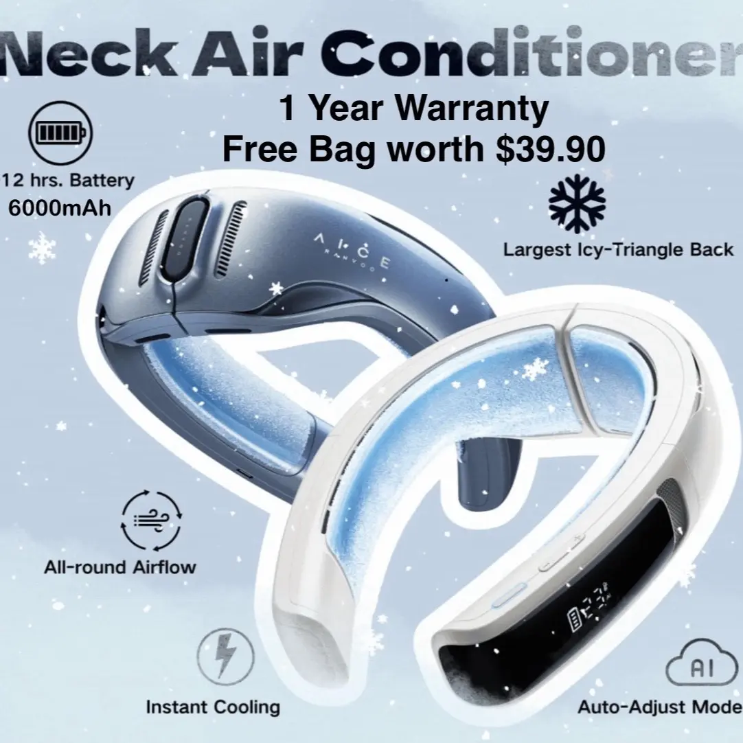 RANVOO AICE LITE 2024 No.1 Largest & Coolest Outdoor AI Neck Air Conditioner, Rechargeable Neck Fan 6,000 mAh App Control Cooling Air- Icy Device (Available in Blue & White with 1 Year Warranty) New Arrival ! Introductory Offer Limited Period Only