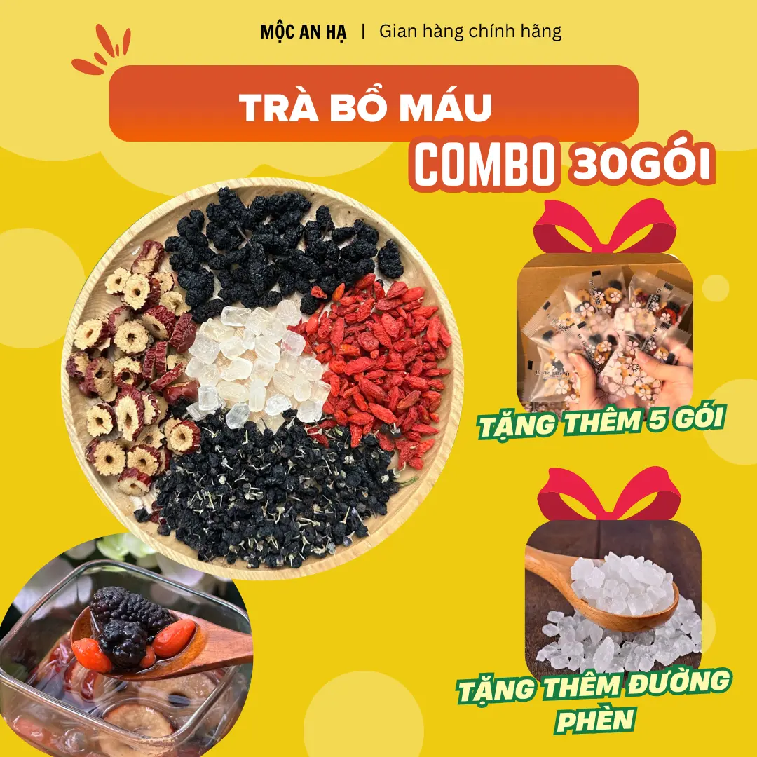 [Tặng 5 gói] Trà Bổ Máu Dưỡng Huyết bồi bổ cơ thể, hộp 30 gói tặng thêm 5 gói + tặng đường phèn(Thành phần: Táo đỏ, kỷ tử, hắc kỷ tử, dâu tằm), nguyên liệu hữu cơ, Trà bổ huyết, Tea Nước Trà