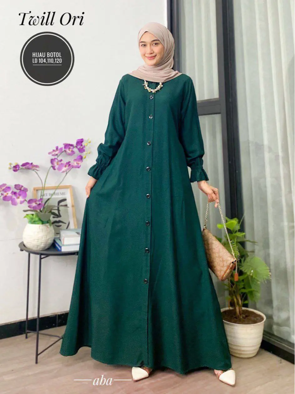 gamis polos twil ori dress panjang busui tali samping Muslim Twill Kancing Cantik Karet Wudhu Kain Lembut Tebal Kerah Motif Wanita Rayon Katun Mewah Baju Maxi