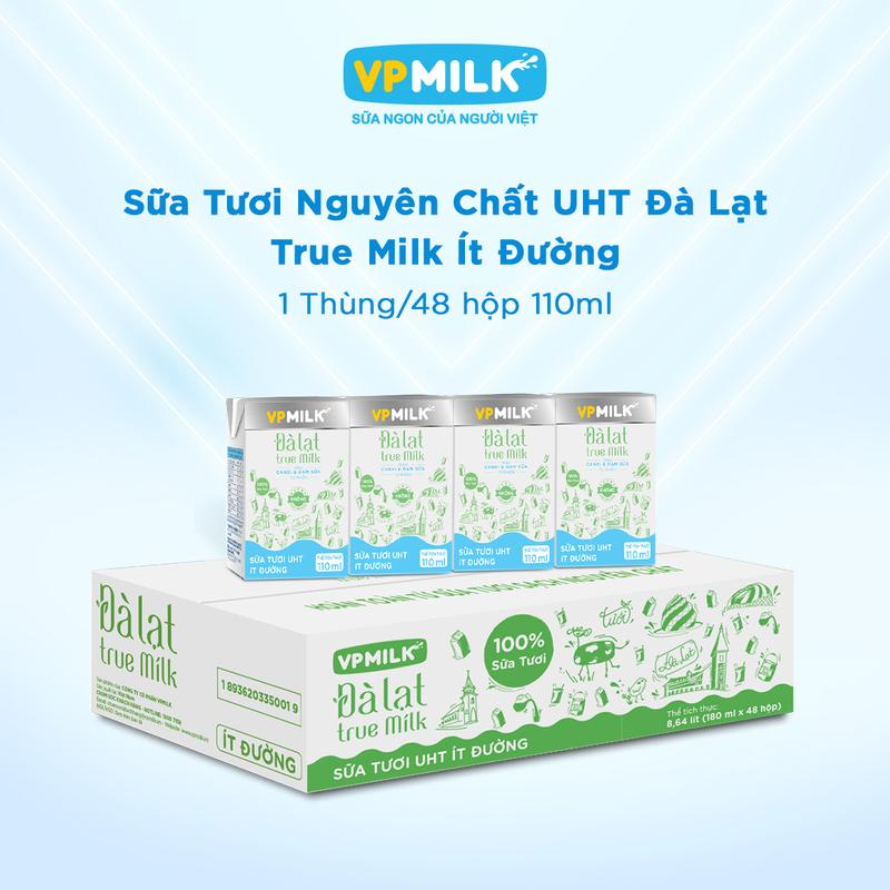 Thùng 48 hộp 110ml Sữa tươi VPMilk Đà Lạt True Milk Ít đường Sữa tươi nguyên chất hoàn toàn từ cao nguyên Đà Lạt Vị Tươi Rất Đà Lạt MS2