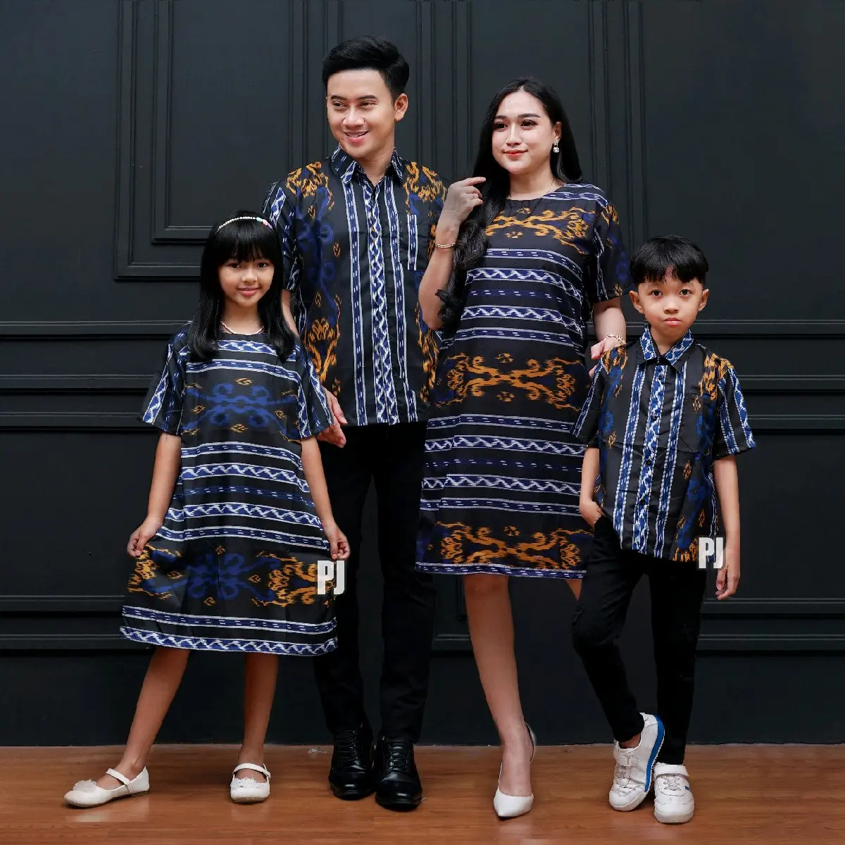 Couple Keluarga Dress Batik Lengan Pendek Motif Songket Biru Baju Pasangan Sarimbit