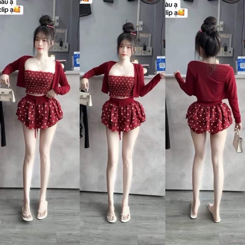 đủ size 60kg-95kg sét 3 món áo quay chấm bi + chân váy xoè kèm áo khoác cho nữ vãi lụa 100d