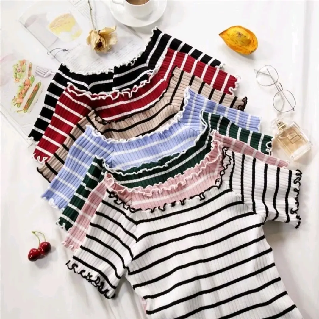 ASCBDG Baju Lengan Pendek Rajut Sabrina ,Santai, Formal Lembut Garis blouse  rajut Nyaman Panjang Wanita Atasan Motif