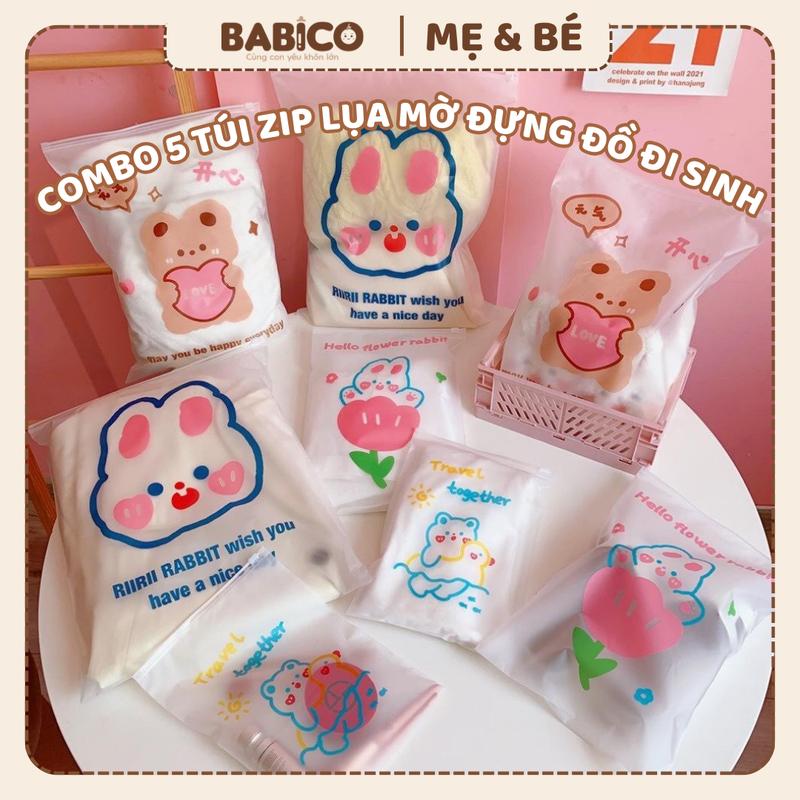 Combo 5 Túi zip lụa mờ in hình đựng đồ mẹ bé đi sinh quần áo giày dép vớ du lịch.. Hình ngẫu nhiên