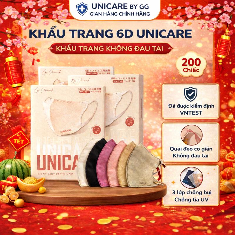   Săn Sale Đón Tết  - Combo 200 Chiếc Khẩu Trang 6D Unicare | Mềm Mại Thoáng Khí 3 Lớp Kháng Khuẩn Chống Nước Lọc Bụi Quai Bản To Mềm Mại Êm Tai Mix Màu Nam Nữ 