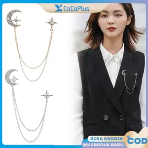 Lapel Pin Rantai Jas Couple Desain Bintang & Moon Korea Dengan Kristal Mewah Cocok Untuk Pria & Wanita Fashion Bros Rantai Jas