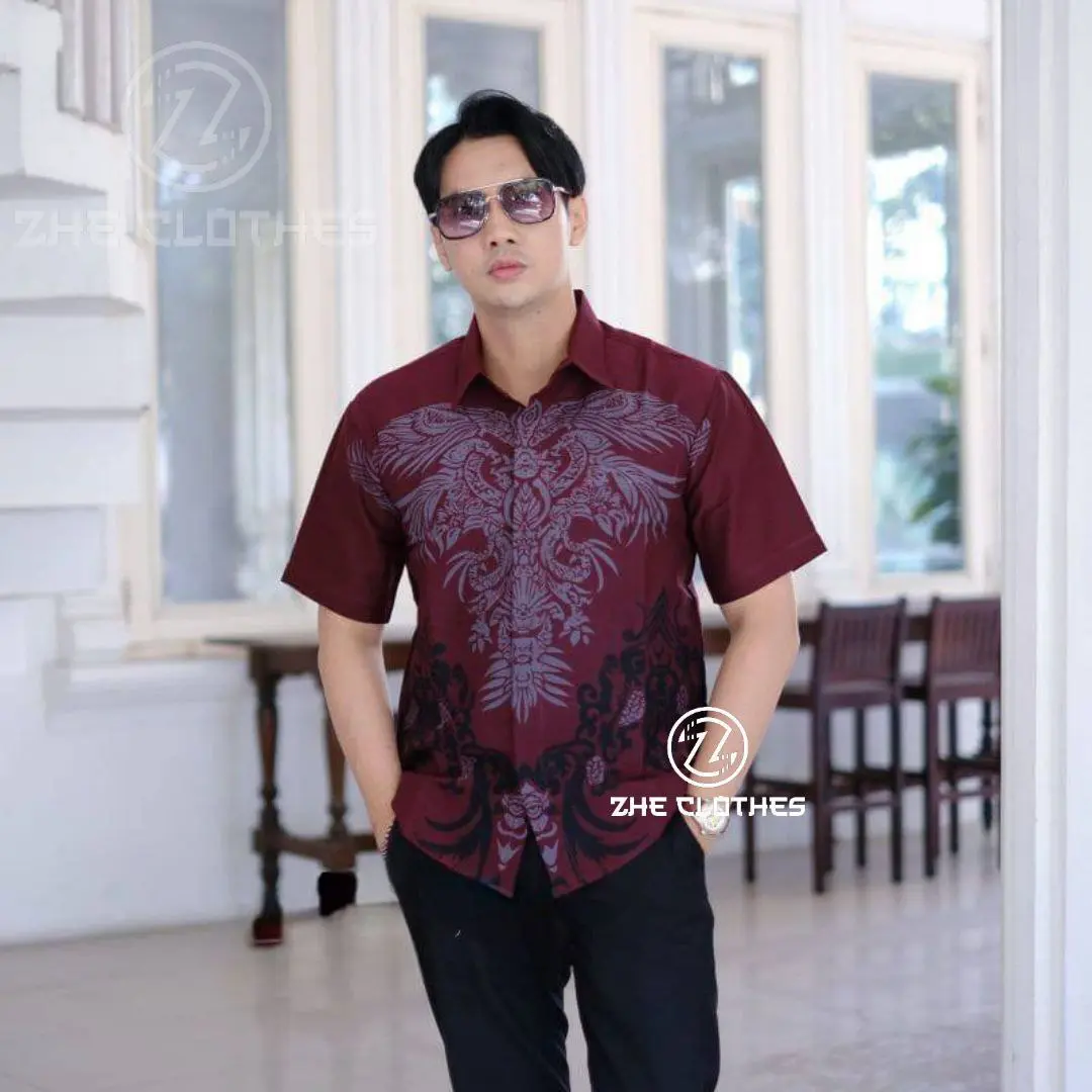 KEMEJA BATIK PRIA LENGAN PENDEK MOTIF LAYANGAN MARUN TERLARIS