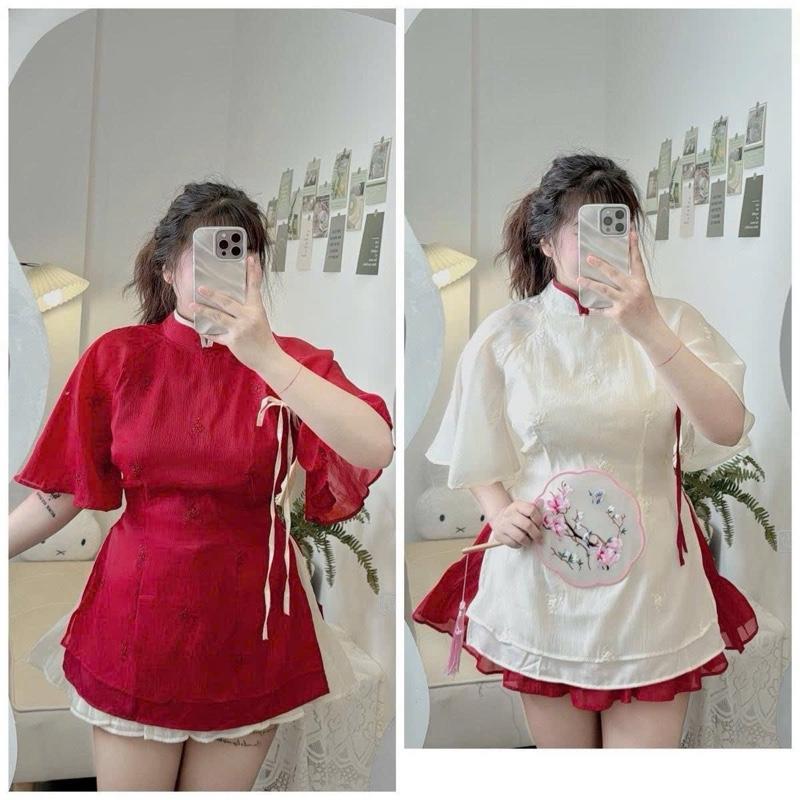 Mèo Mỡ Bigsize — Set váy áo cách tân hoa thêu kèm chân váy xoè trên gối tết 2026 bigsize lễ 60-90kg Women