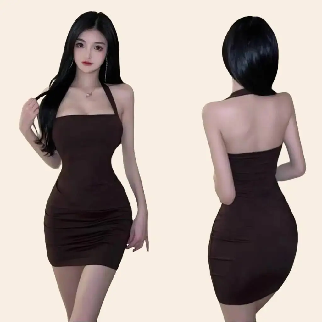 (927)french elegant black mini dress casual halter backless dress fitted sexy bodycon Gaun Wanita Panjang Simple Hitam Pendek