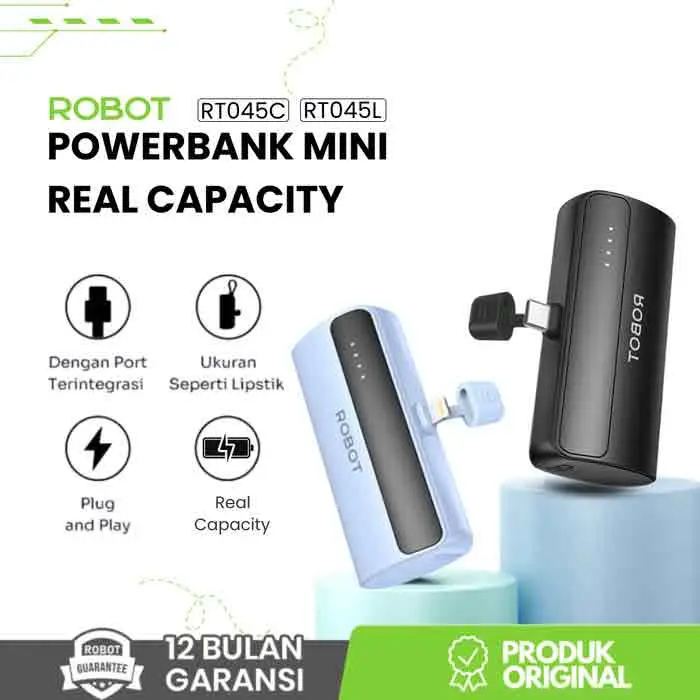 ROBOT RT045L / RT045C Powerbank Mini Real Capacity 4500mah Port Lightning & Type-C Smart Power bank Built-in Cable 0