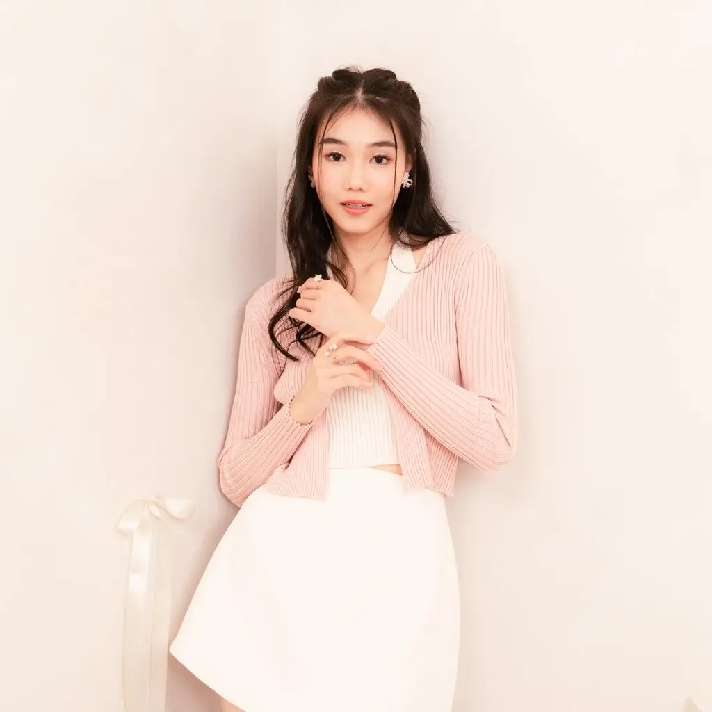 Nari Ribbed Knit Halter Top with Cardigan in White with Baby Pink