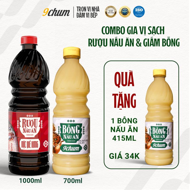 Combo siêu hời Giấm bỗng 700ml & Rượu nấu ăn 9chum Mộc Quế Hương 1000ml + Giấm bỗng 415ml