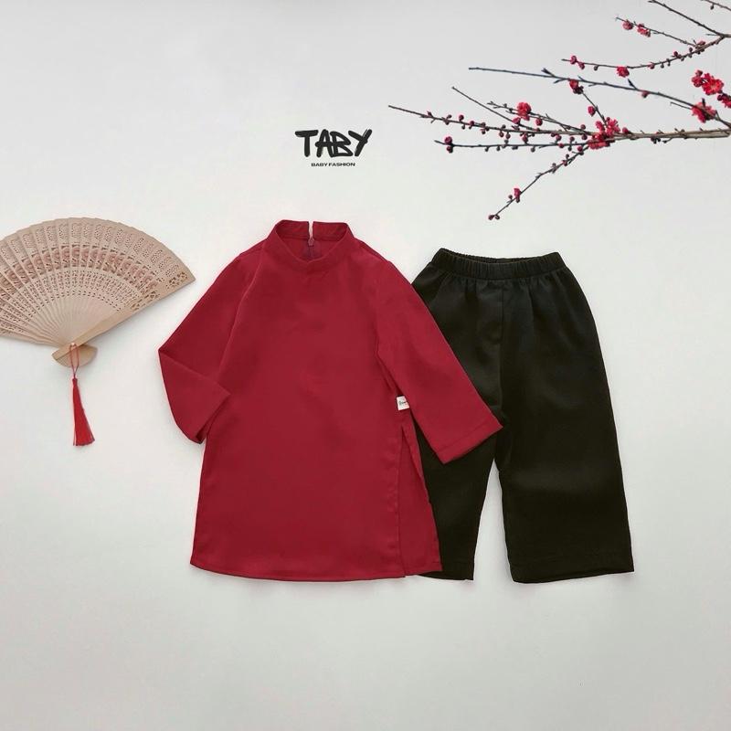Taby Áo dài lụa ngọc trai basic chất liệu lụa ngọc trai mềm mại thiết kế áo cổ trụ trơn cho bé trai 8-23kg 4646SDB Sơ Mi bộ áo sét