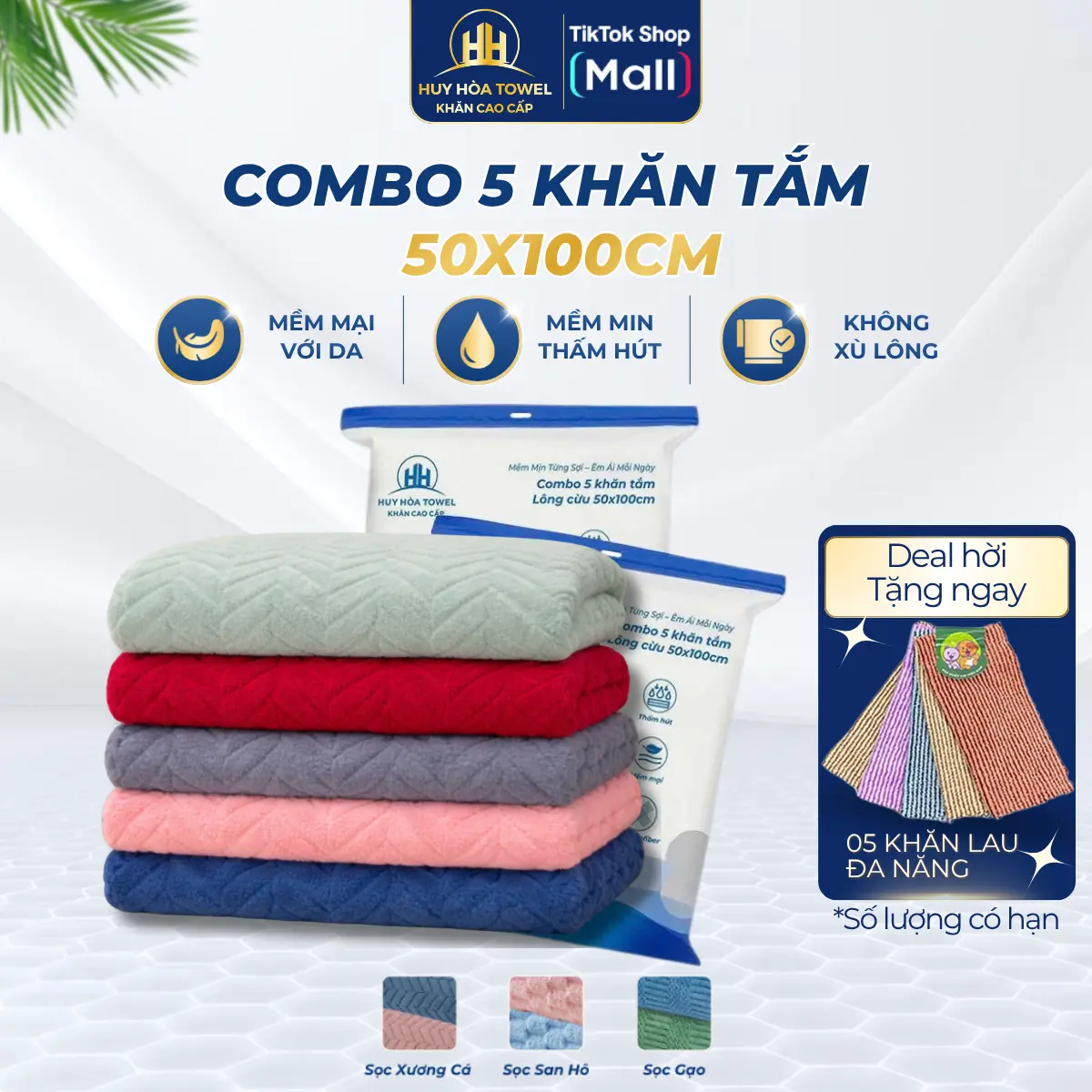 Combo 10 Khăn Gồm 5 Khăn Tắm 50x100cm Tặng 5 Khăn Đa Năng Huy Hòa Towel Sợi Microfiber Lông Cừu Mềm Mịn Siêu Thấm Không Ra Màu Không Sổ Lông