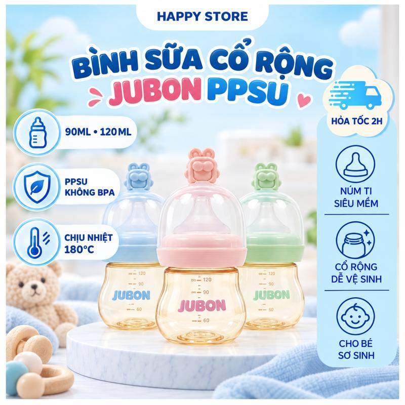Bình sữa nhỏ cổ rộng cho bé Jubon size 90ml/120ml, bình sữa cho bé sơ sinh nhựa PPSU không chứa BPA